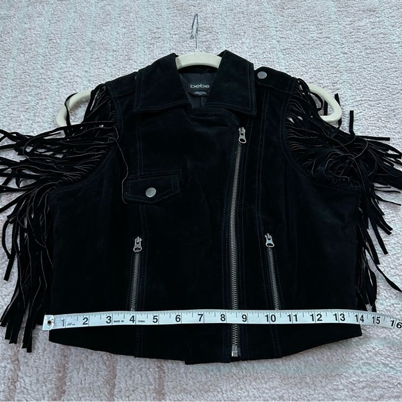 Bebe Black Suede Fringe Moto Western Vest Size Small Asymmetric Zip Bike Week - Picture 7 of 13